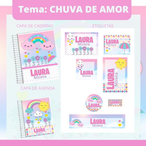 Kit Digital Etiqueta escolar para imprimir  Chuva de Amor V3 EE
