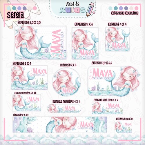 Kit Digital Etiqueta escolar para imprimir Sereia EE v12