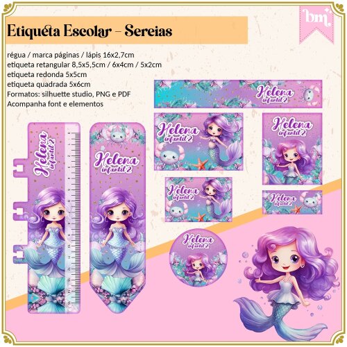 Kit Digital Etiqueta escolar para imprimir Sereia EE v15