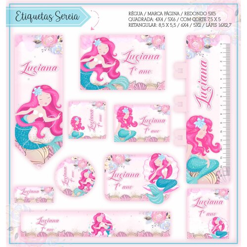 Kit Digital Etiqueta escolar para imprimir Sereia EE v7