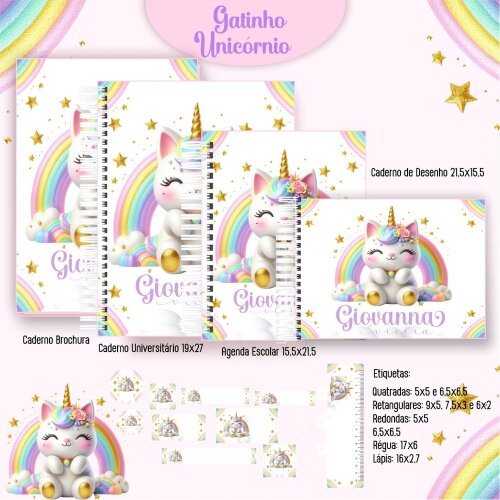 Kit Digital Etiqueta escolar para imprimir  Unicornio V16 Gatito EE