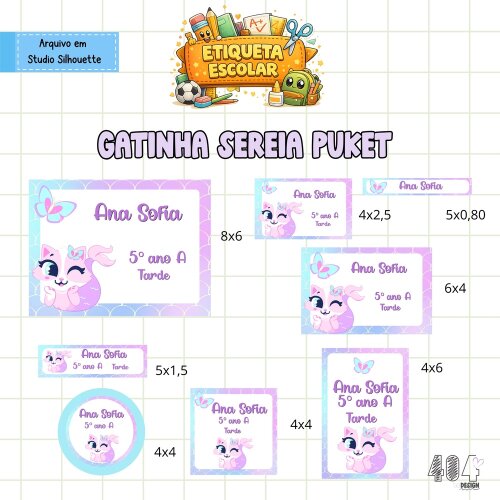 Kit Digital Etiqueta escolar Gatinha sereia puket