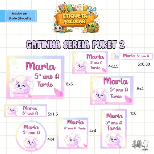 Kit Digital Etiqueta escolar Gatinha sereia puket 2