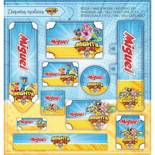 Kit Digital Etiqueta escolar para imprimir Patrulha Canina V11 Mighty Pups EE
