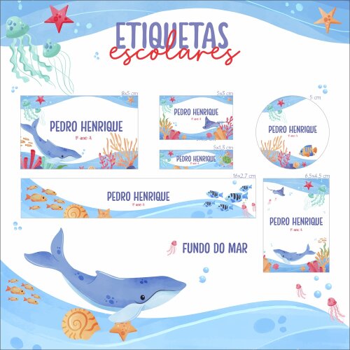 Kit Digital Etiqueta escolar para imprimir  V2 EE Fundo do mar
