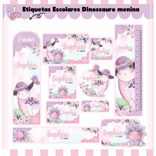 Kit Digital Etiqueta escolar para imprimir  V1 Niña EE Dinossauro