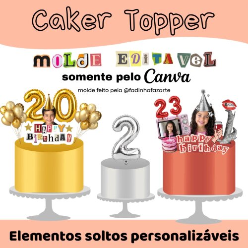 Arquivo editavel pelo canva Molde Cake Topper