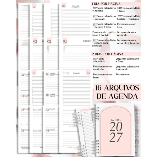 Arquivo digital para imprimir encadernação Combo 16 Agendas Femininas Neutra 2027 PERMANENTE Versículos Frases Horários