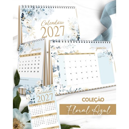 Kit Digital Arquivo Kit Calendários 2027 de Mesa A5 A6 e Calendário Marca Página Floral Azul ( Drive da Ana)