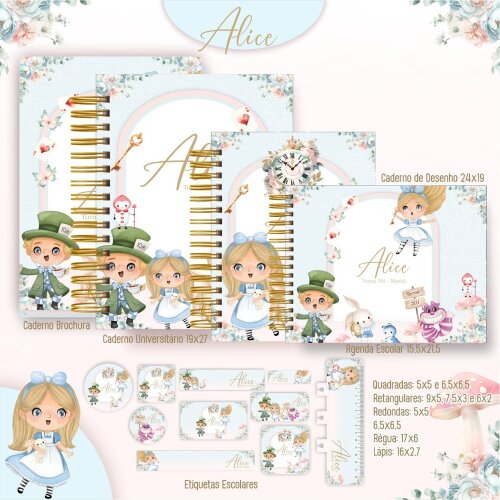 Kit Completo escolar encadernação Alice no pais das maravilhas V3 EE