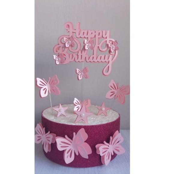 Topo de Bolo Borboletas Happy Birthday