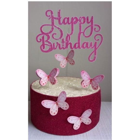 Topo de Bolo Happy Birthday com Borboletas