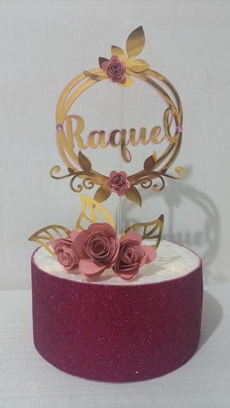 Topo de Bolo Nome com Flores