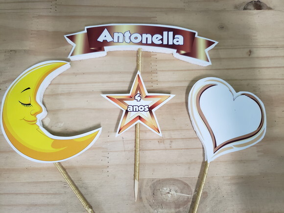 Lua Estrela Coração Topo de Bolo Personalizado
