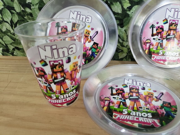 Minecraft Menina Copo 300 ml e Prato Sobremesa Personalizado