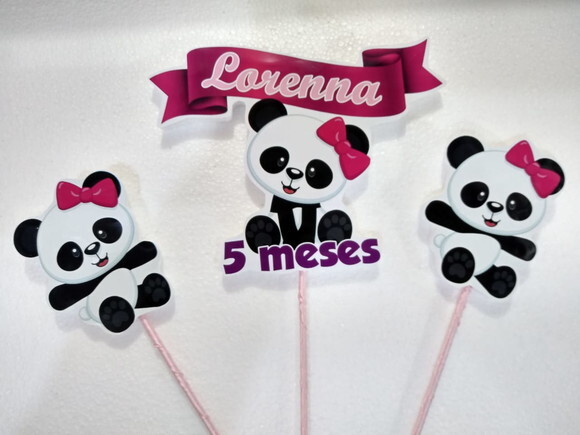 Topo de Bolo Panda Rosa Personalizado