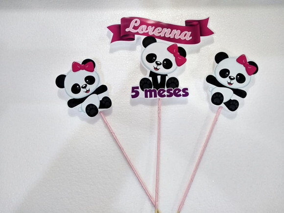 Topo de Bolo Panda Rosa Personalizado