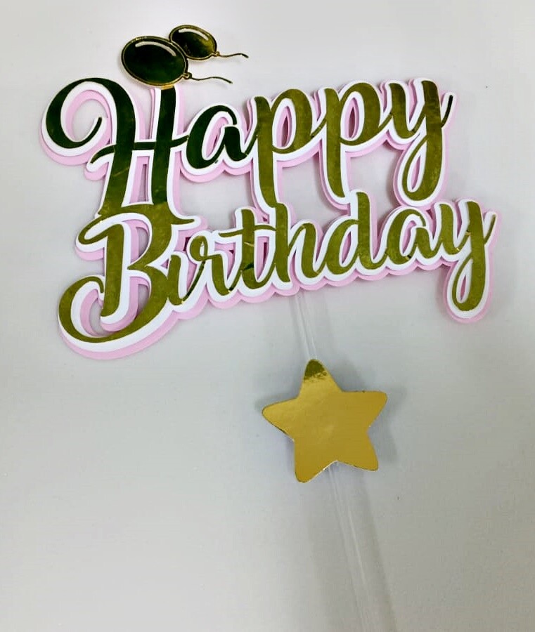 Topo de Bolo Happy Birthday Dourado com Rosa ou Azul