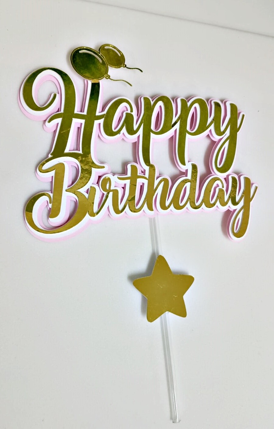 Topo de Bolo Happy Birthday Dourado com Rosa ou Azul