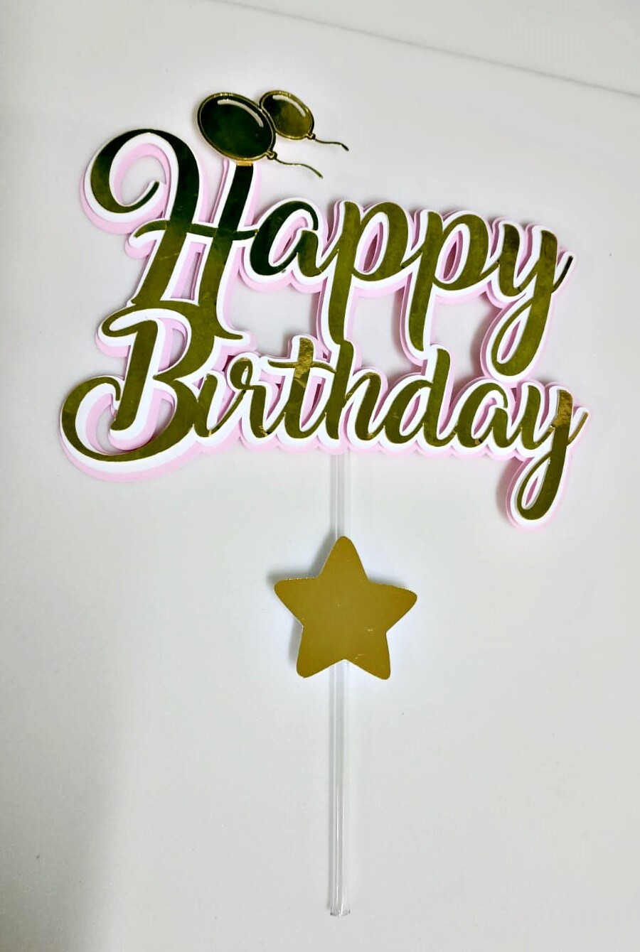 Topo de Bolo Happy Birthday Dourado com Rosa ou Azul