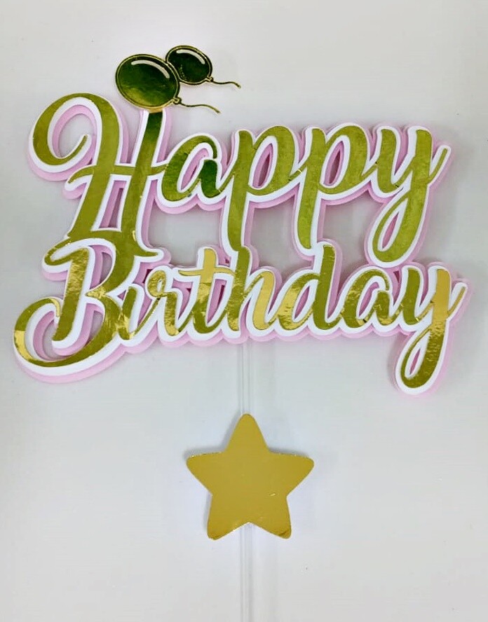 Topo de Bolo Happy Birthday Dourado com Rosa ou Azul