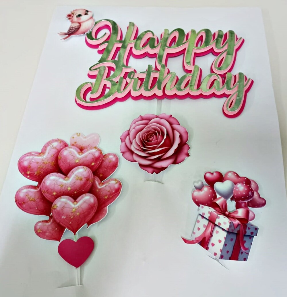Topo de bolo Happy Birthday com adereços pronta entrega