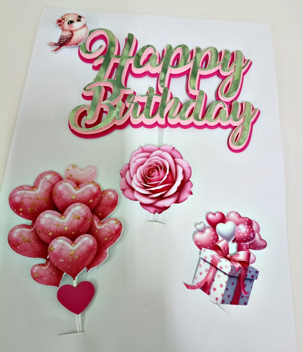 Topo de bolo Happy Birthday com adereços pronta entrega