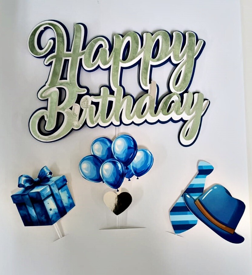 Topo de Bolo Happy Birthday Azul com adereços pronta entrega