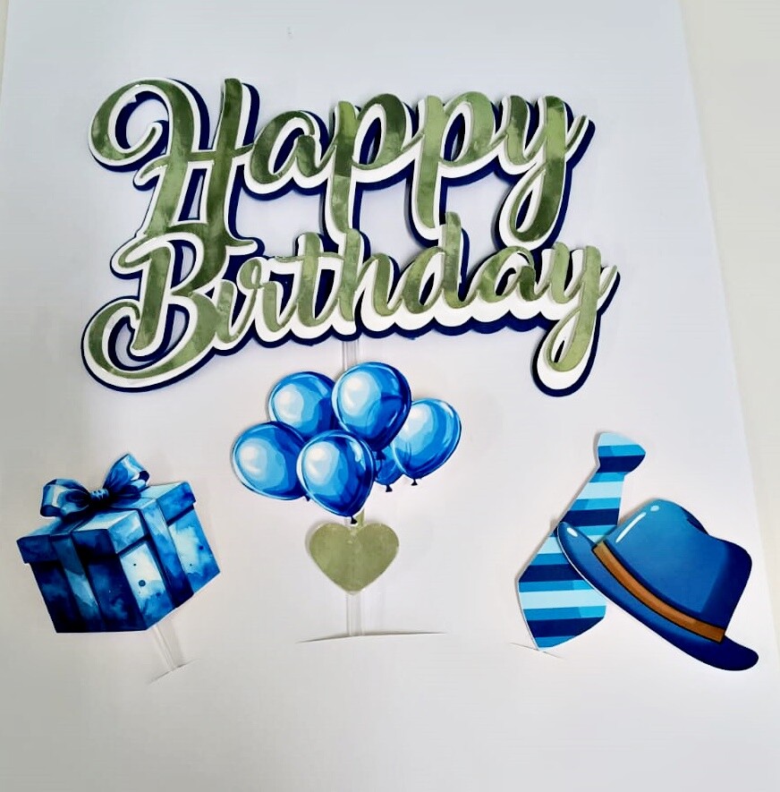 Topo de Bolo Happy Birthday Azul com adereços pronta entrega