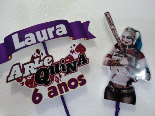 Arlequina Topo de Bolo Personalizado Pronta Entrega