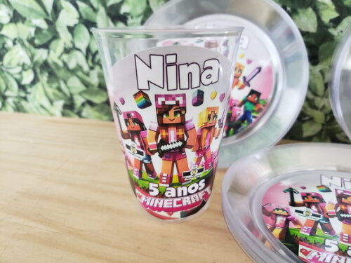 Minecraft Menina Copo 300 ml e Prato Sobremesa Personalizado