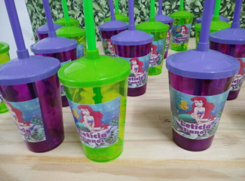 Pequena Sereia Copo Canudo Personalizado Pronta Entrega