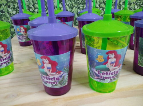 Pequena Sereia Copo Canudo Personalizado Pronta Entrega