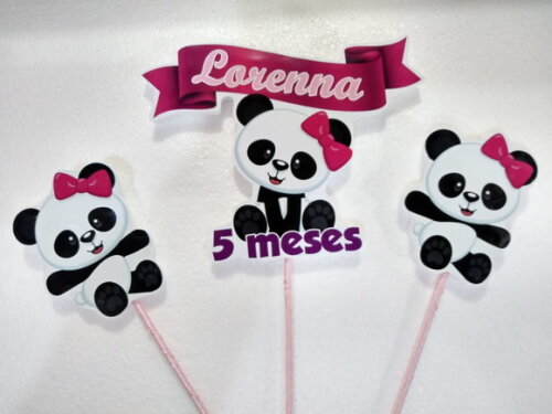 Topo de Bolo Panda Rosa Personalizado