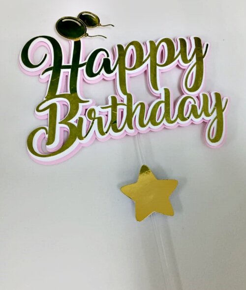 Topo de Bolo Happy Birthday Dourado com Rosa ou Azul
