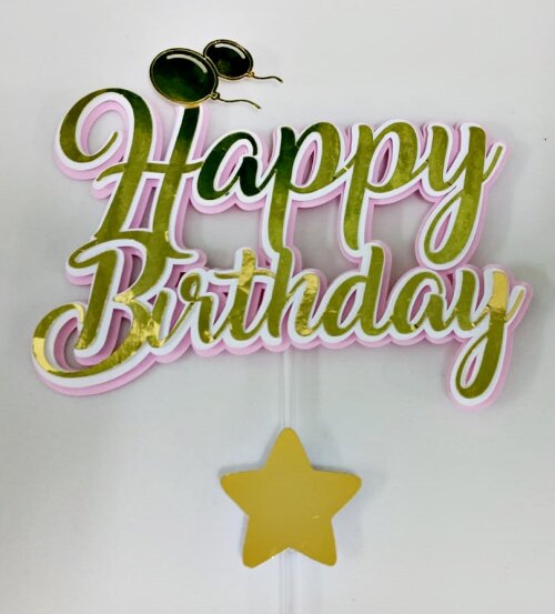 Topo de Bolo Happy Birthday Dourado com Rosa ou Azul