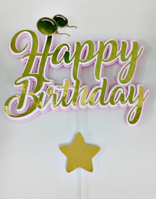 Topo de Bolo Happy Birthday Dourado com Rosa ou Azul