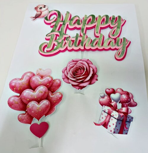 Topo de bolo Happy Birthday com adereços pronta entrega