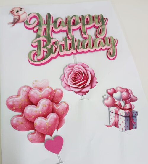 Topo de bolo Happy Birthday com adereços pronta entrega