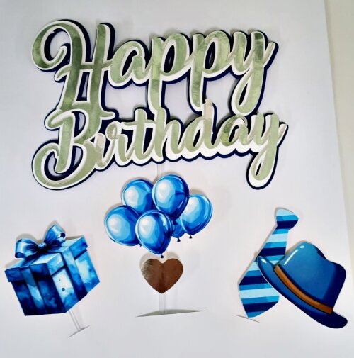 Topo de Bolo Happy Birthday Azul com adereços pronta entrega