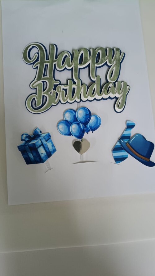 Topo de Bolo Happy Birthday Azul com adereços pronta entrega