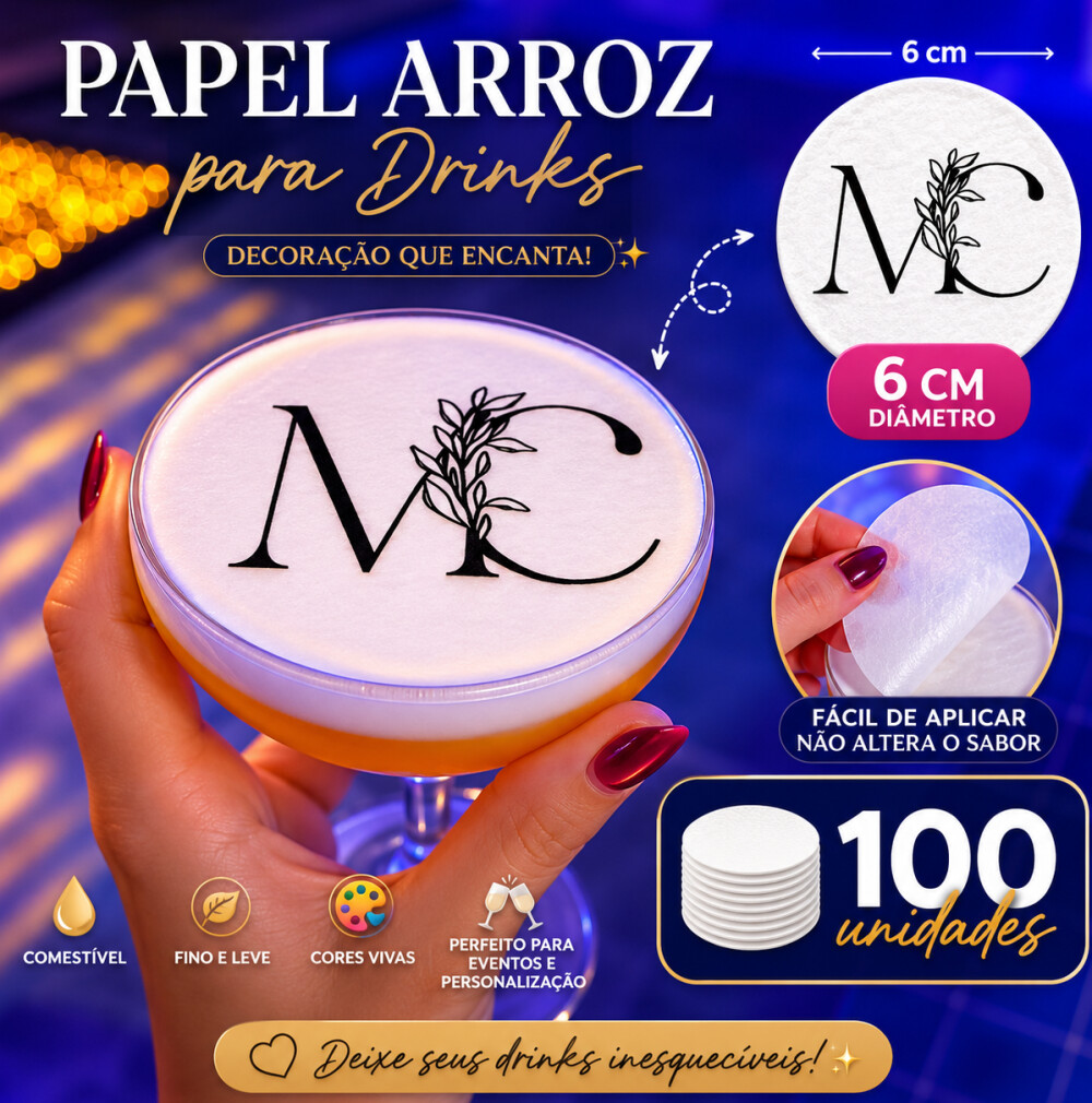 Papel de arroz 6cm para drink personalizado casamento festas - C?