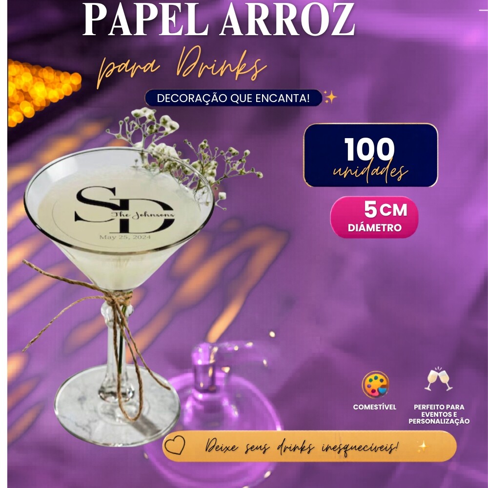 Papel de arroz 5cm para drink personalizado casamento festas