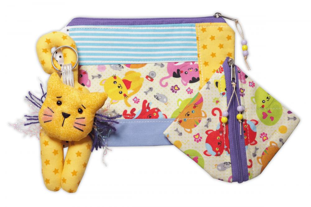 Kit Gatinho Amarelo: Necessaire, porta moedas e chaveiro