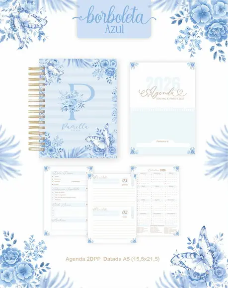 Agenda Personalizada 2026 Floral Azul