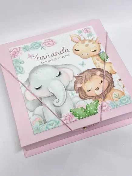 Livro do Bebê e Caixa Personalizada Safari Menina