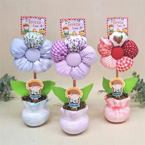 Vasinhos Decorativos com Flor de Tecido Festa Junina