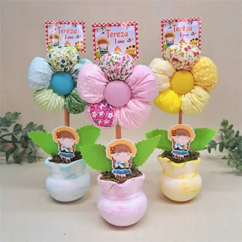 Vasinhos Decorativos com Flor de Tecido Festa Junina