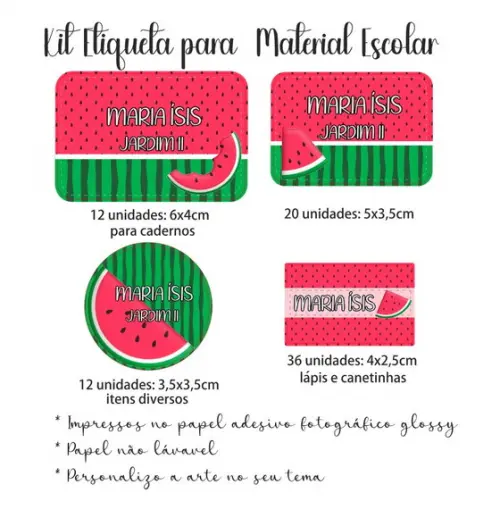 Kit Etiqueta Adesiva para Material Escolar Tema Melancia