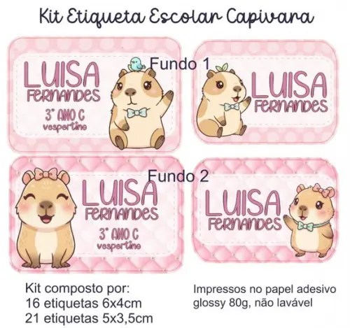 Kit Etiqueta Adesiva para Material Escolar Capivara Cute